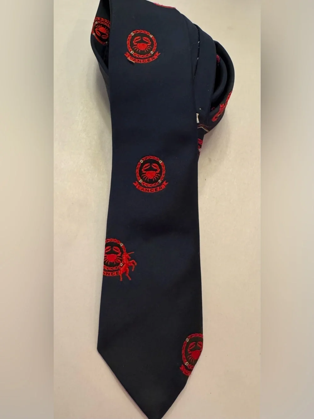 1960s Bronzini Cain Sloan Co Navy Silk Tie Embroidered Cancer Crab Zodiac Signs
